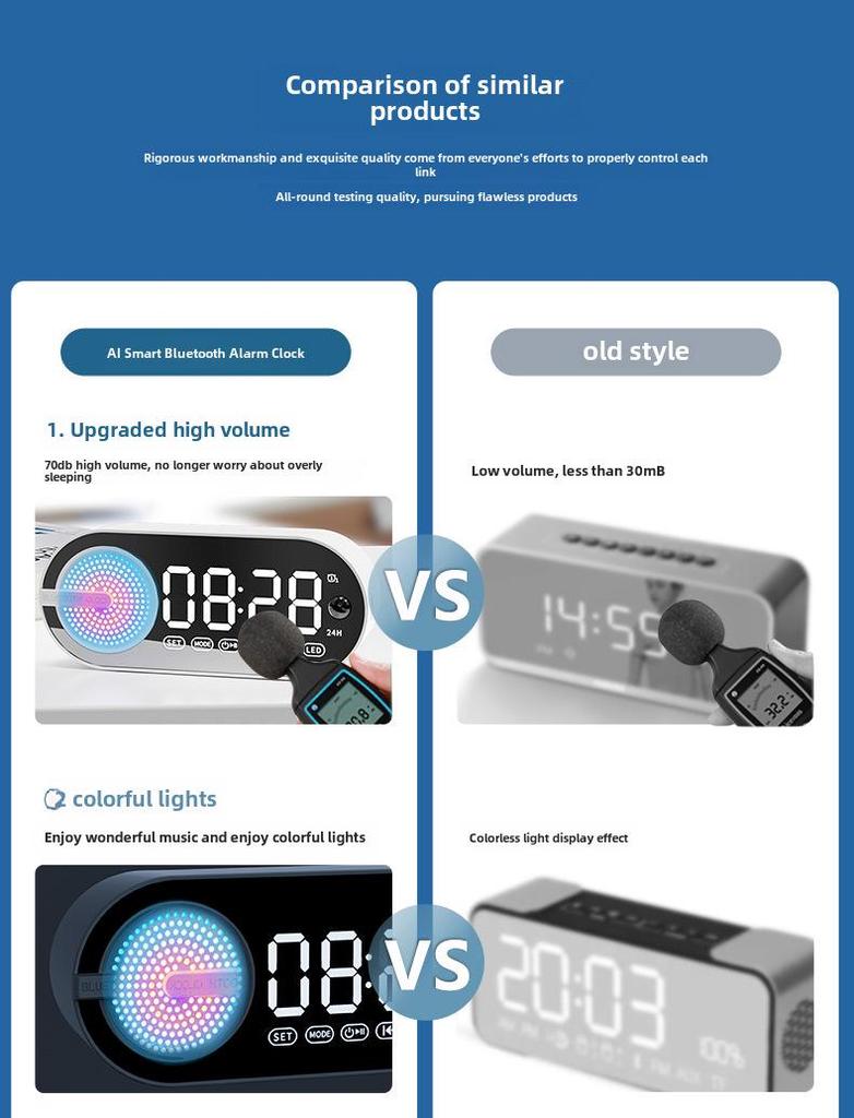 Портативный светящийся Bluetooth-динамик и будильник с перезаряжаемой батареей для спальни/студенчества