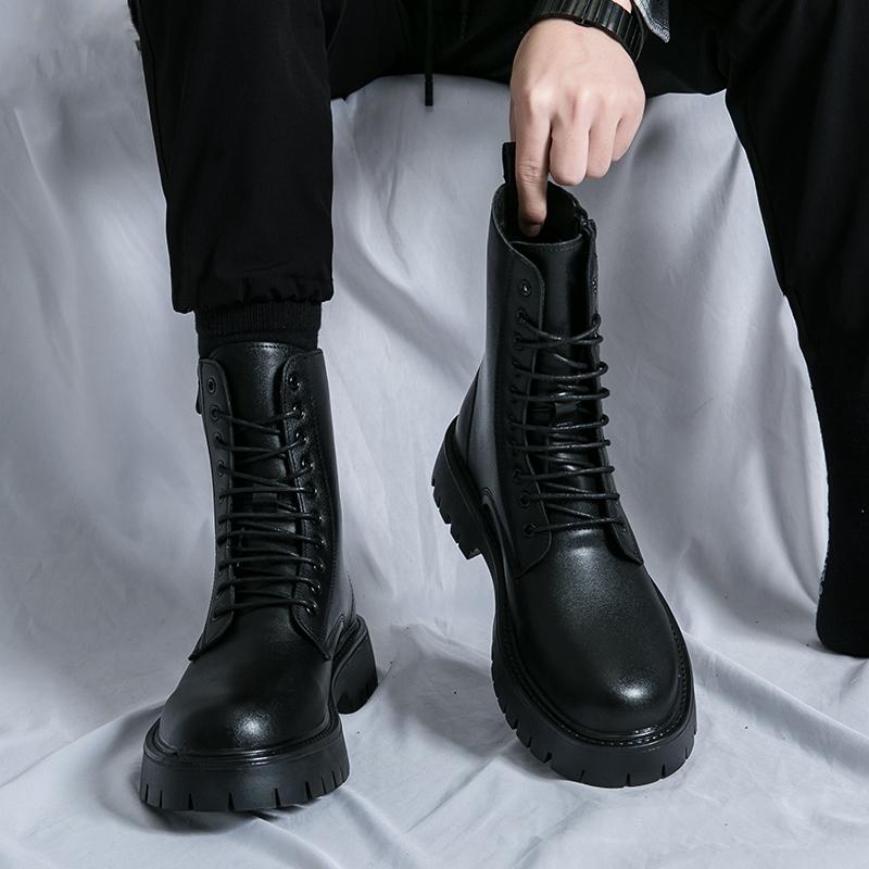 Black Ankle Boots for Men Lace-up Zipper Pu Safety Shoes Motorcycle Boots Gray Brown Platform Boots