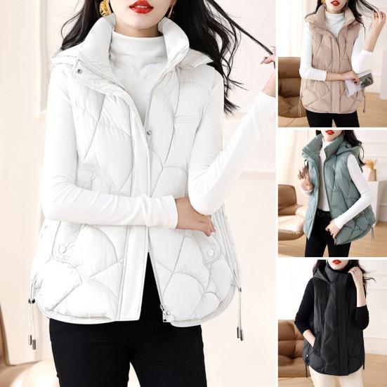 Женский хлопковый жилет с воротником-стойкой, капюшоном, без рукавов, свободный крой, однотонный, с застежкой-молнией, короткий жилет, верхняя одежда