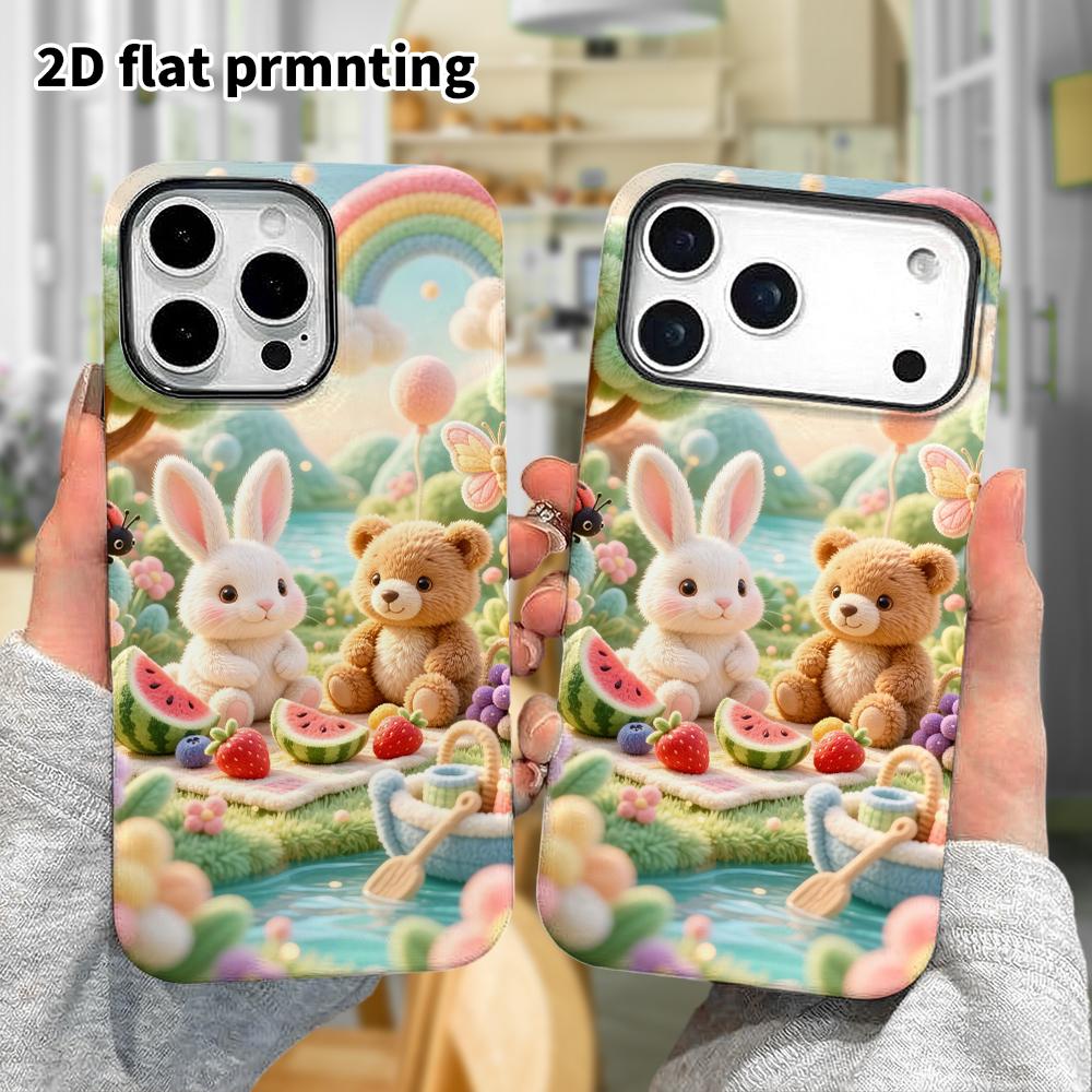 Phone case: 2D flat, suitable for iPhone 18, 17, 16, 15, 14, 13, 12 Pro protective case, picnic rabbit and little bear, perfect Christmas and Hallowee