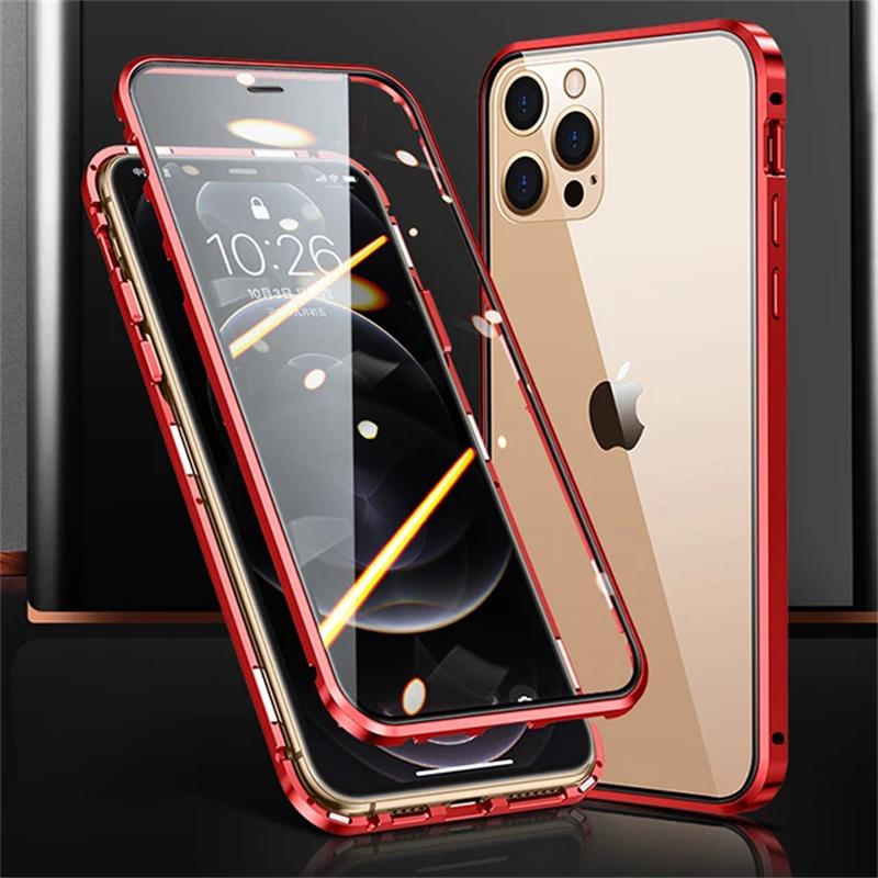 360 Магнитный металлический чехол для iPhone 16 15 14 13 12 11 Pro Max Plus Двусторонний закаленный стеклянный чехол для полной защиты телефона