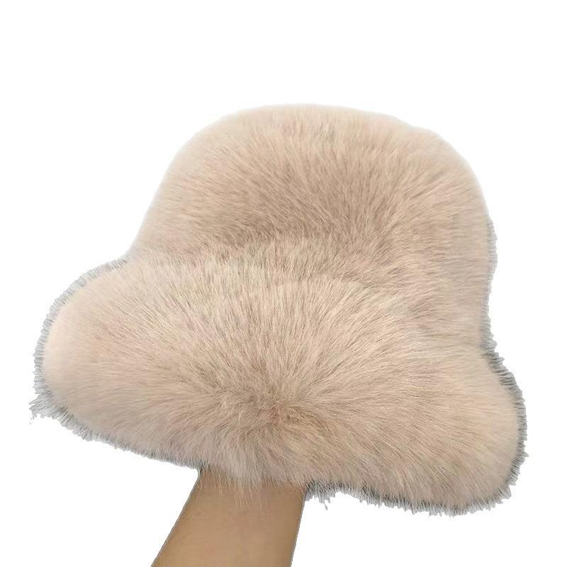 Autumn and winter hat imitation fur fox hair bucket hat ear protection warm big brim show face small senior plush hat women