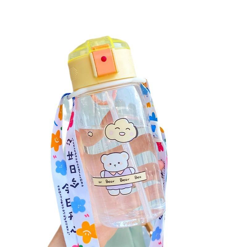 Water bottle high value straw cup one-click elastic cover small fresh plastic cup girls portable handle children printed water cup