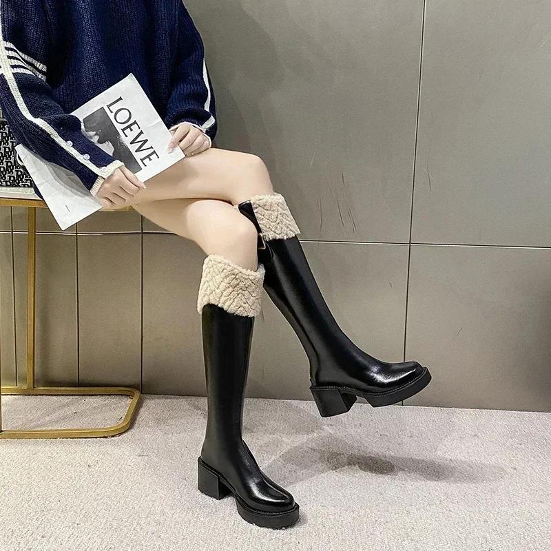 Winter Knee High Brown Long Boots Comfort Square Heel Zip Belt Buckle Platform Boots for Women Plush Edge Warm Gothic Shoes