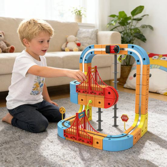 66/84Pcs/Set Magnetic Train Track Set DIY Race Car Cube Rail Building Kit Toddlers Boys Girls Gravity-Defying