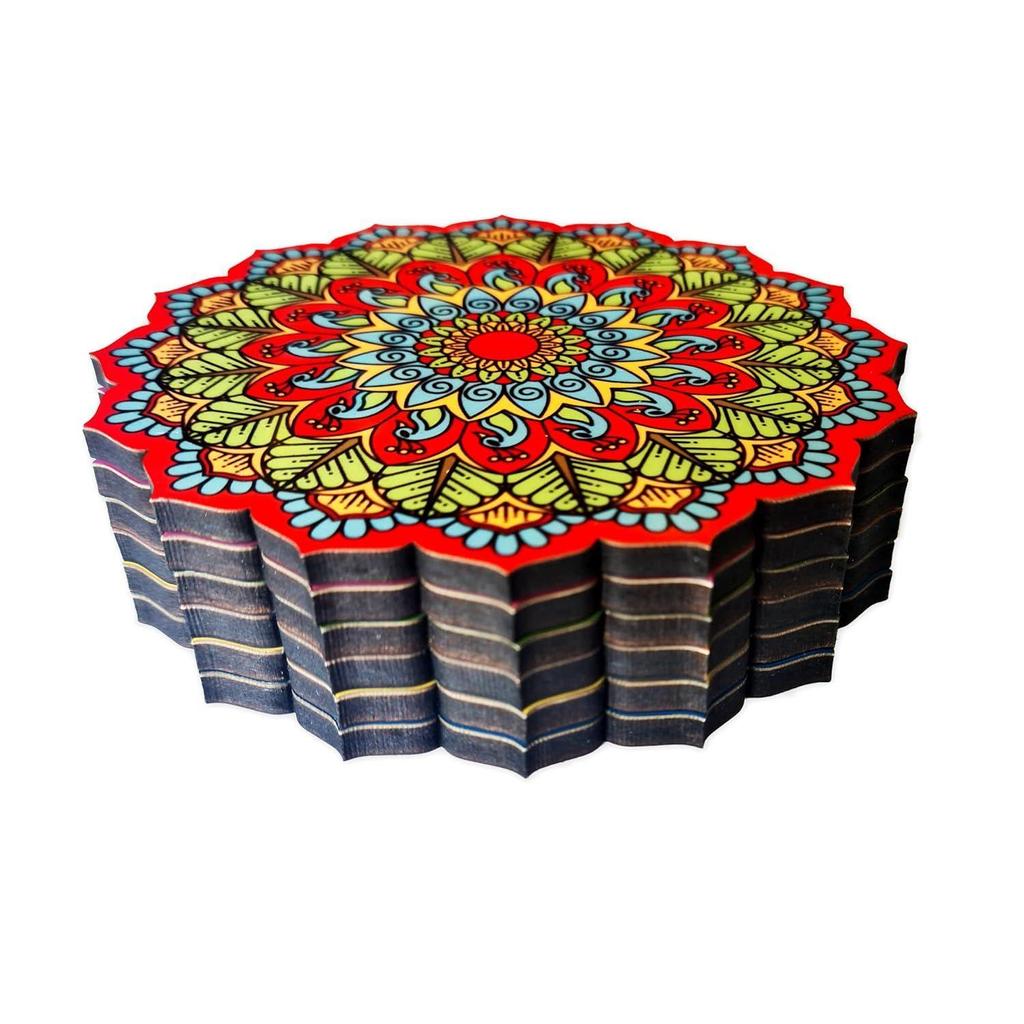 Набор из 6 сосновых подставок с мандалой диаметром 4 дюйма, уникальный дизайн ручной работы в форме цветка диаметром 10 см