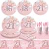Cross-border Pink Birthday Party Tableware: 16th, 18th, 21st & 1st Celebration Paper Plates & Tablecloth Decoration