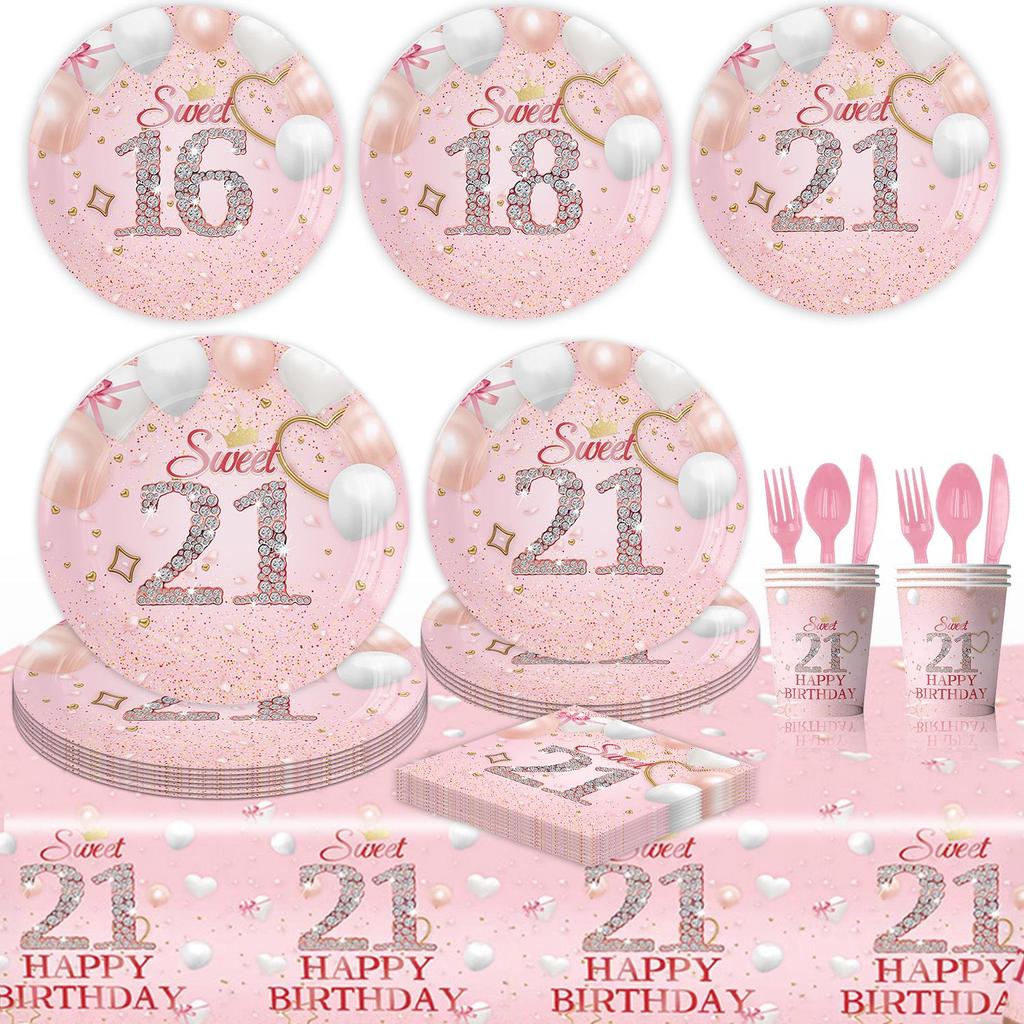 Cross-border Pink Birthday Party Tableware: 16th, 18th, 21st & 1st Celebration Paper Plates & Tablecloth Decoration