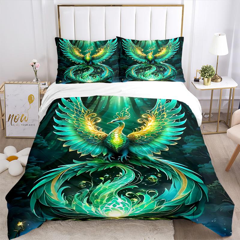 3pcs Enchanted Forest Phoenix Pattern Bedding Three-Piece Set (1 Cover + 2 Pillowcases, No Fillings), Suitable for Bedrooms and Guest Rooms