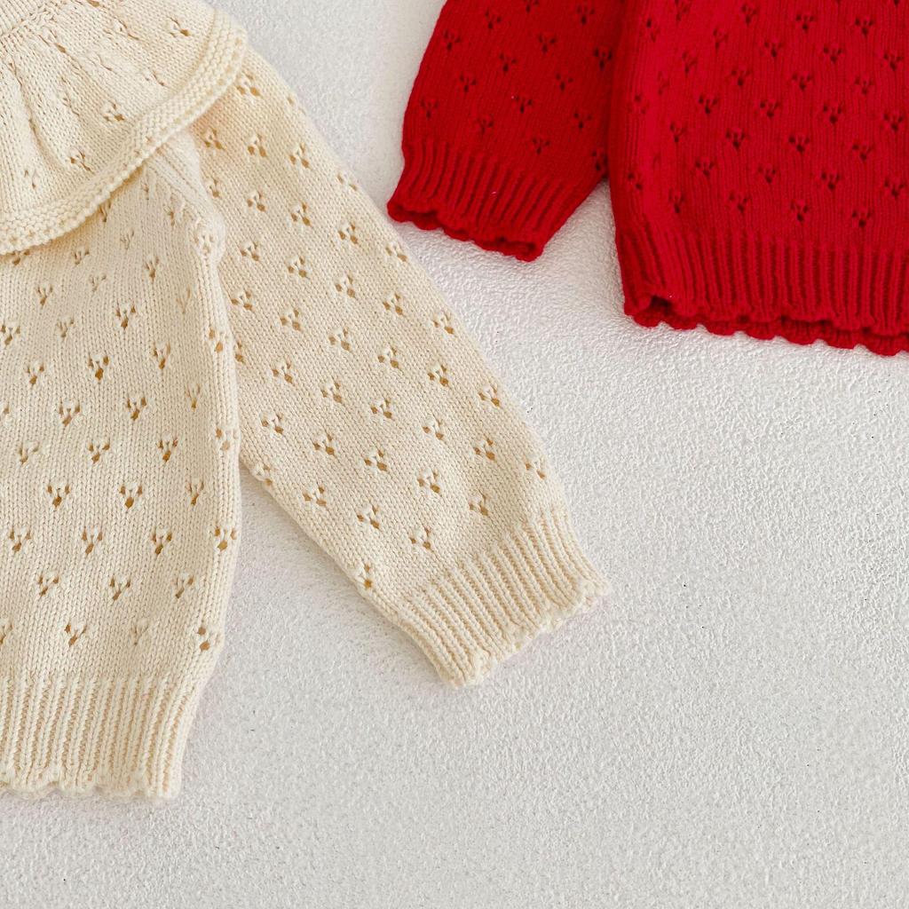 2024 Autumn/Winter Baby Girl Knitted Cotton Cardigan with Lotus Collar, 0-3 Years, Long Sleeve, Hollow Design.