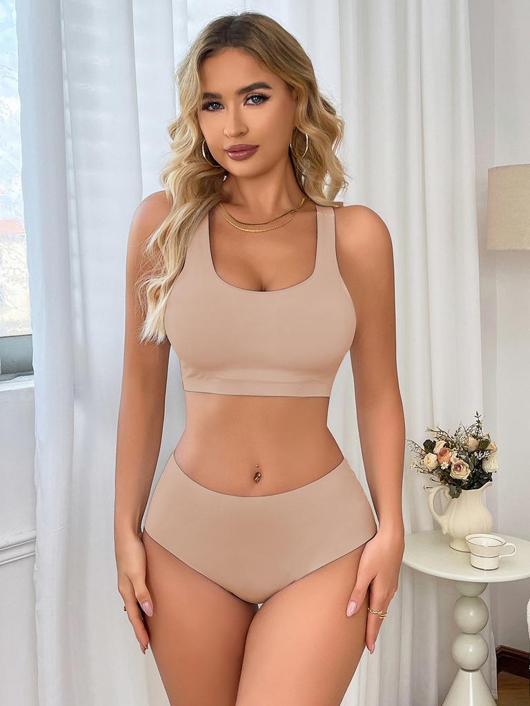 Спортивный комплект нижнего белья, цельный бесшовный бюстгальтер без косточек и трусики, женское нижнее белье