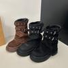 Studded Belt Buckle Mid-Tube Boots Fashion Round Toe Suede Platform Non-Slip Wear-Resistant Block Heel Shoes