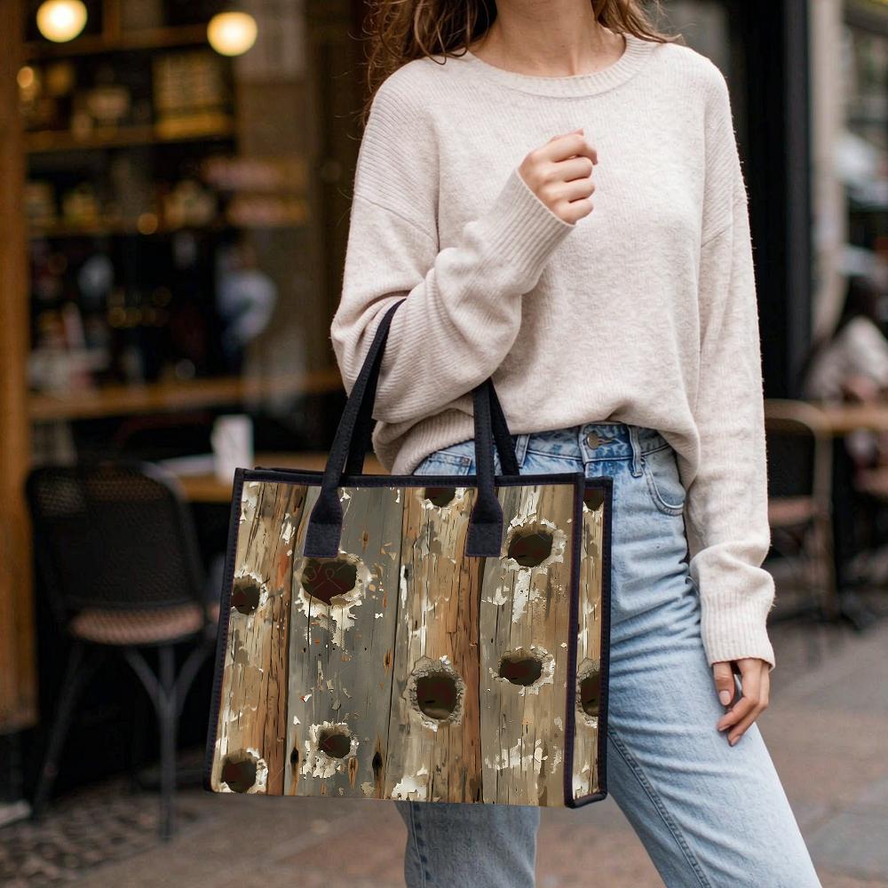 Vintage Wood Print Tote Bag Casual Large Capacity Handbag for Daily Use