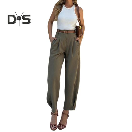 Женские костюмные брюки с высокой талией и пуговицами на молнии, однотонные брюки свободного покроя с карманами, длинные брюки в повседневном стиле
