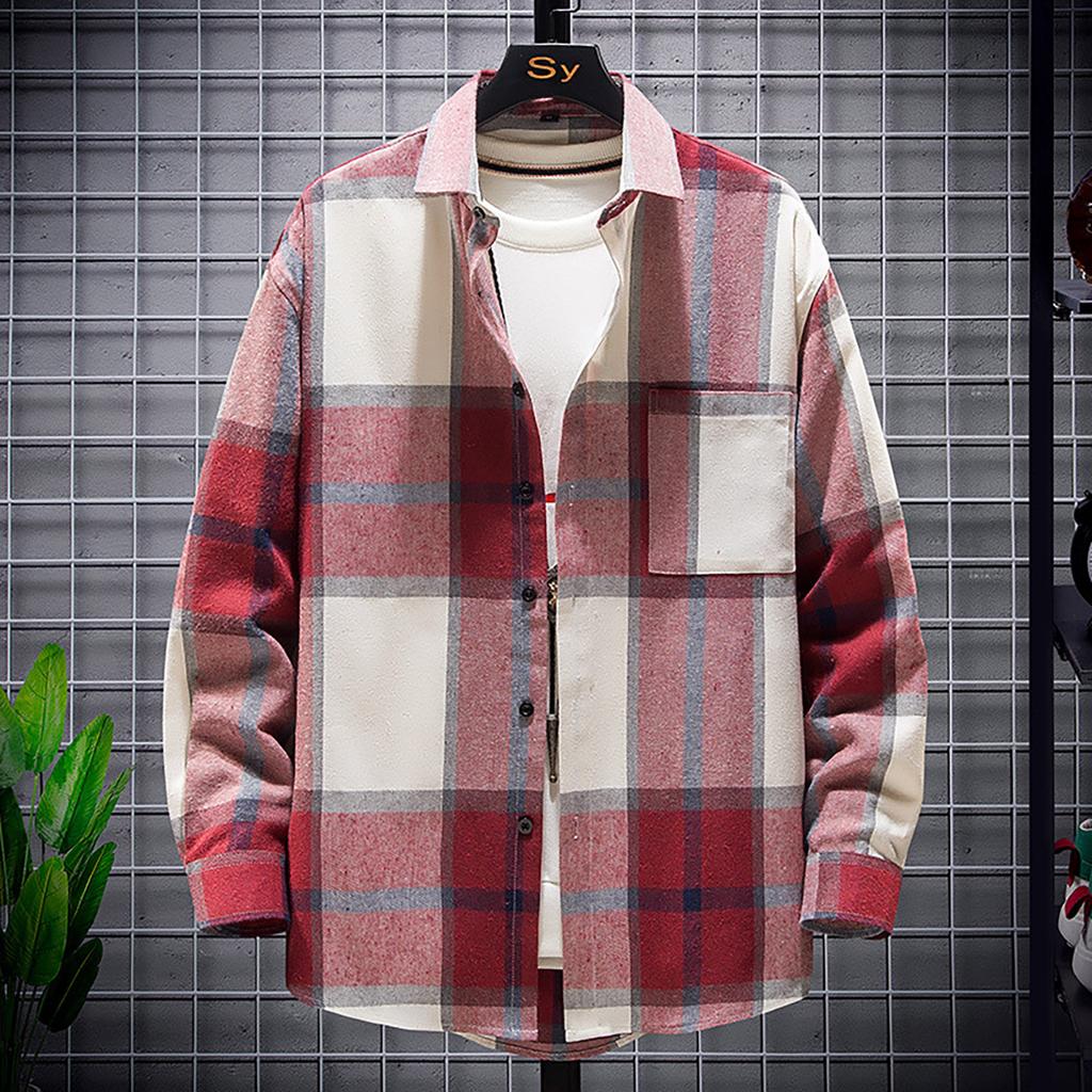 Mens Plaid Shirt, Comfortable Mix Color Button Down Plaid Shirt, Casual Long Sleeve Single-breasted T-Shirt Mens Top