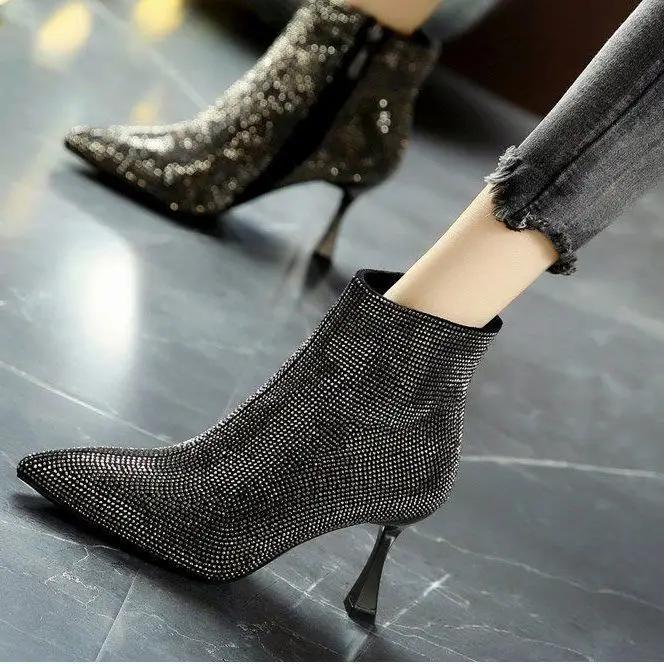 Fashion Booties Heeled Very High Heels Female Short Shoes Sexy Combat Pointed Toe Punk Style Rhinestone Women's Ankle Boots Boot New In