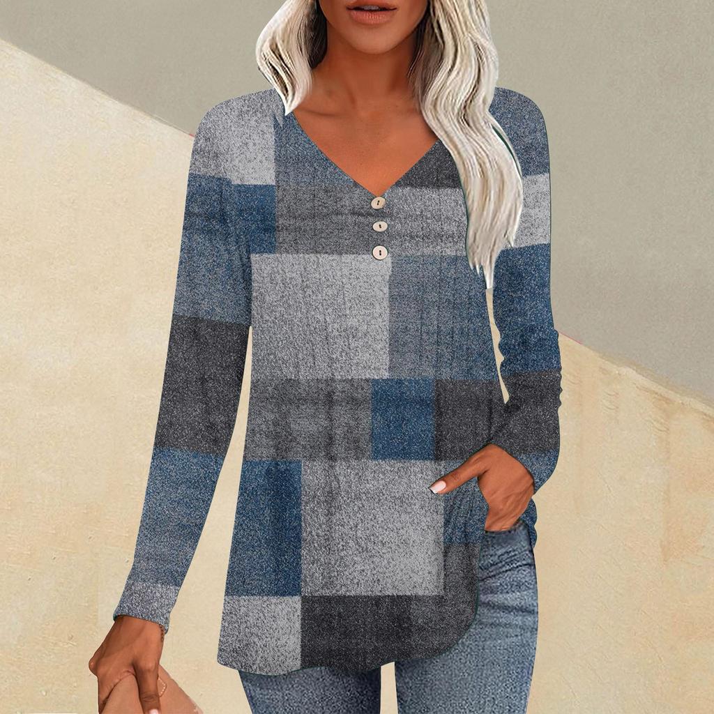 Fashion Tops Casual Pleated V-Neck Carpet Checkered Print Long Sleeve T-Shirt