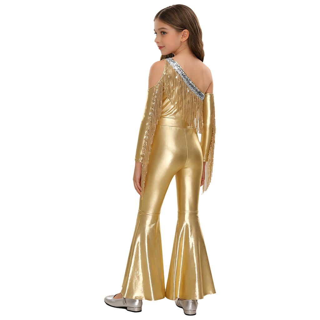 Девочки: Комбинезон для конкурса и сцены: Металлический блестящий комбинезон с открытыми плечами, с пайеточными кисточками и расклешенными штанинами для диско
