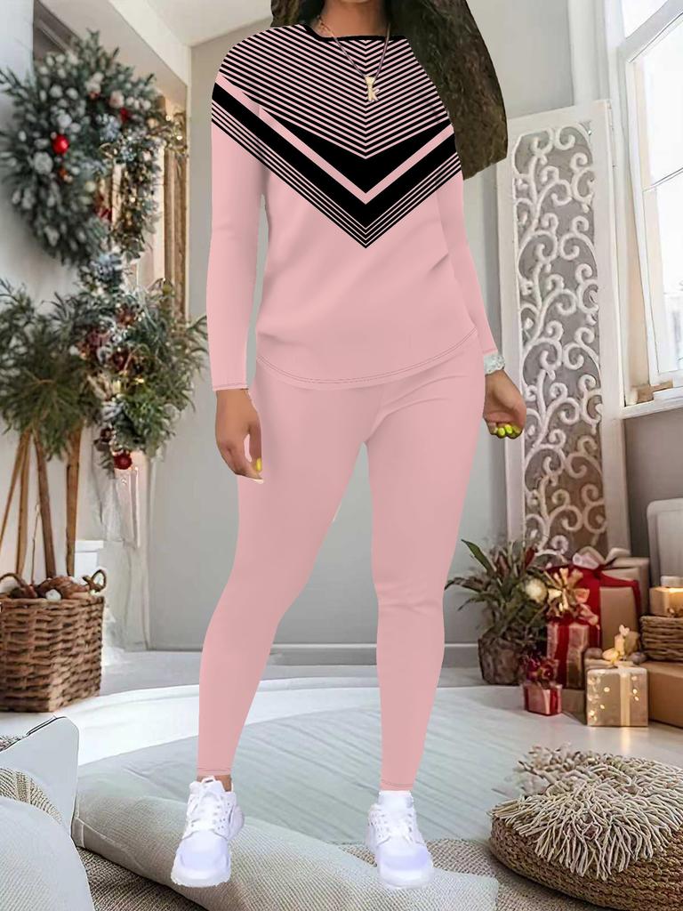 Женский костюм-двойка с геометрическим принтом: Топ с длинным рукавом и круглым вырезом и брюки, праздничный лимитированный повседневный костюм для вечеринки в подарок