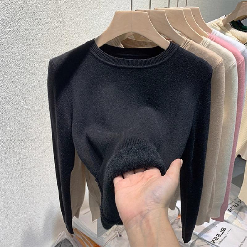 Теплый и утолщенный флисовый свитер, вязаный свитер с круглым вырезом, ленивый дизайн переднего плеча, топ, новинка осени и зимы