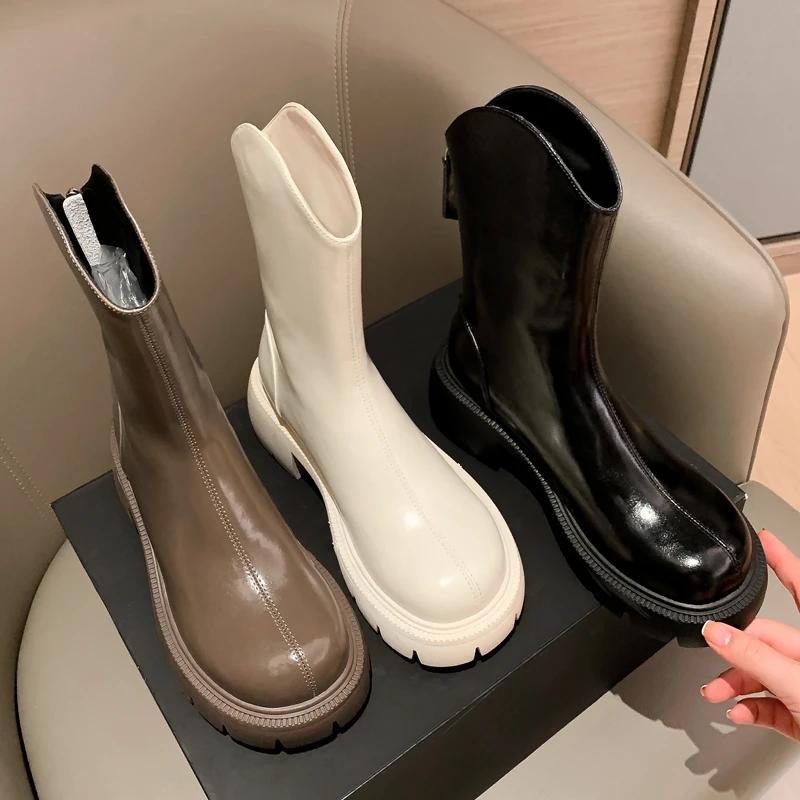 Женская обувь 2024 Высокое качество Молния Женские ботинки Зимние теплые Круглый носок Однотонные Средняя голень Массивный каблук Модные ботинки