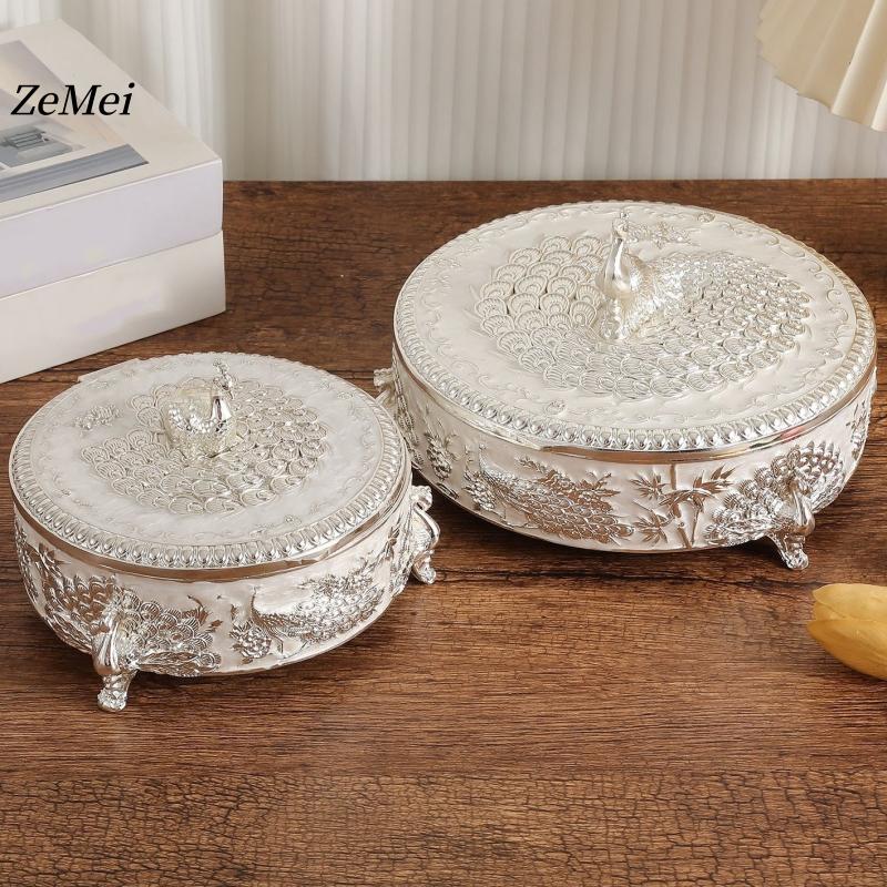 European-Style Alloy Jewelry Peacock Silver Storage Box,Earring Circle Organizer Jar Candy Container Dressing Table Decoration