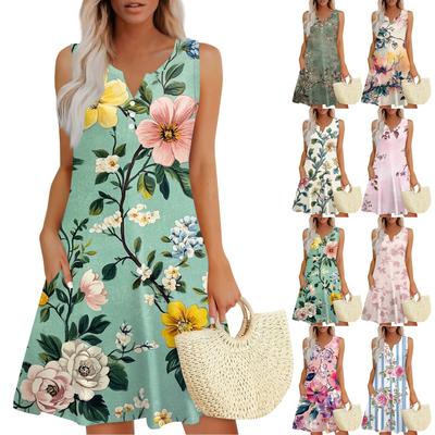 Женское повседневное платье-жилет с винтажным цветочным принтом, V-образным вырезом, пуговицами и боковыми карманами