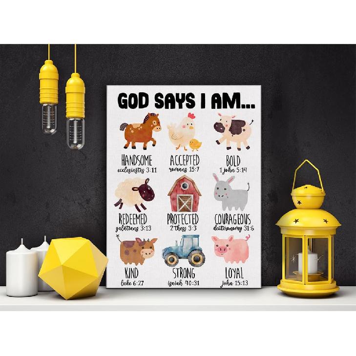 Hijie pirational Motivational God Says I Am Poster Canvas Wall Art for Nursery Home Decor Christian Farm Animals Canvas Print Painting Ready to Hang