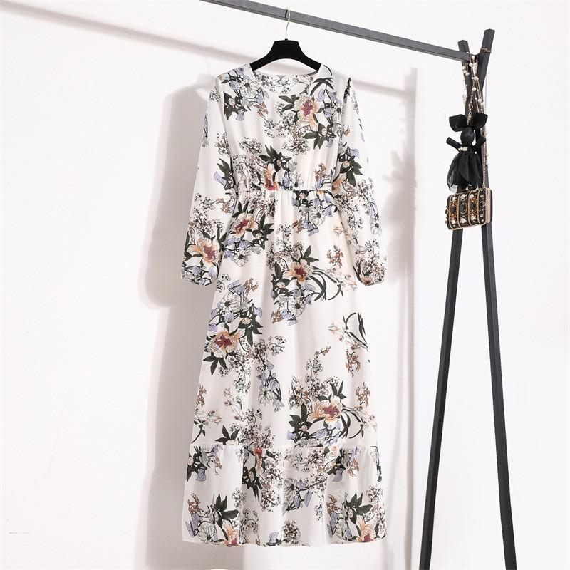 Womens Vintage Floral Print Maxi Dress High Waist Long Sleeve Round Neck Slim Fit A Line