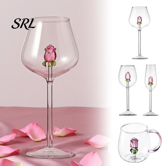 Glassware for Romantic Dates Red Wine Glass with Roses And Green Leaves Decorated, Clear Rose Decorated Goblet Decorative Glass, Elegant Crystal