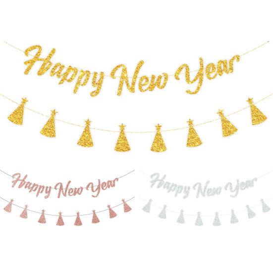 1 комплект, баннер с счастливым годом, долговечная блестящая подвесная шляпа, тянущий флаг, вечерние праздничные украшения