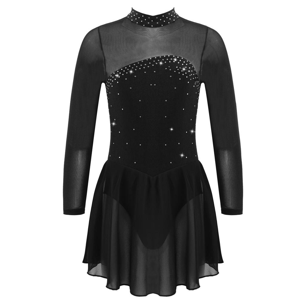 Children Girls Shiny Rhinestones Mesh Keyhole Back Figure Ice Skating Dress Long Sleeves Roller Skating Ballet Dance Leotard Dress
