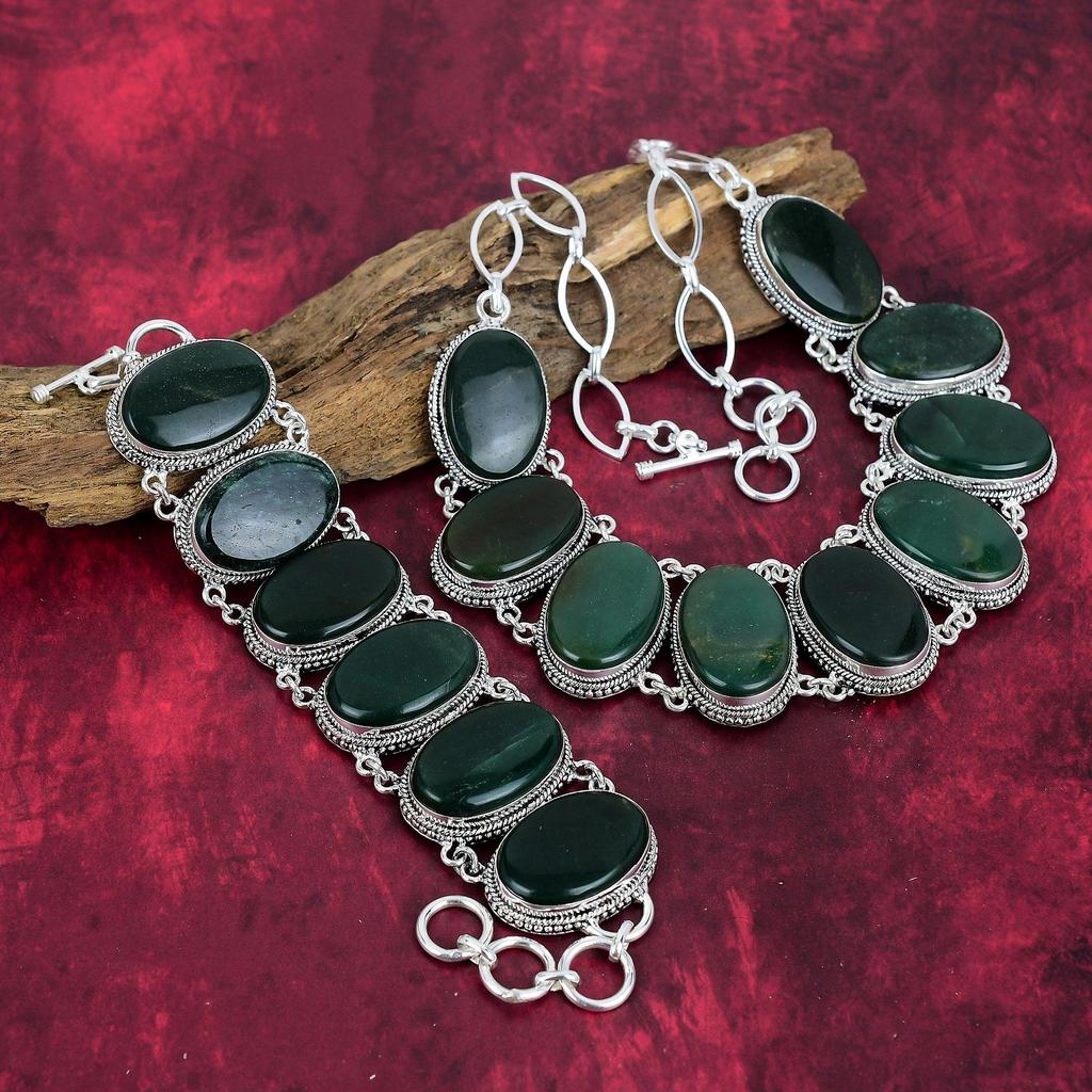 Green Jade Gemstone Jewelry, Handmade 925 Solid Sterling Silver Bracelet & Necklace Jewelry Set For Wedding Gift
