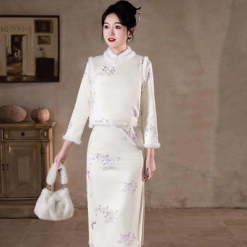 Женский зимний теплый утолщенный топ-жилет в стиле ципао с длинным рукавом, набор, ретро, бархат, на флисовой подкладке