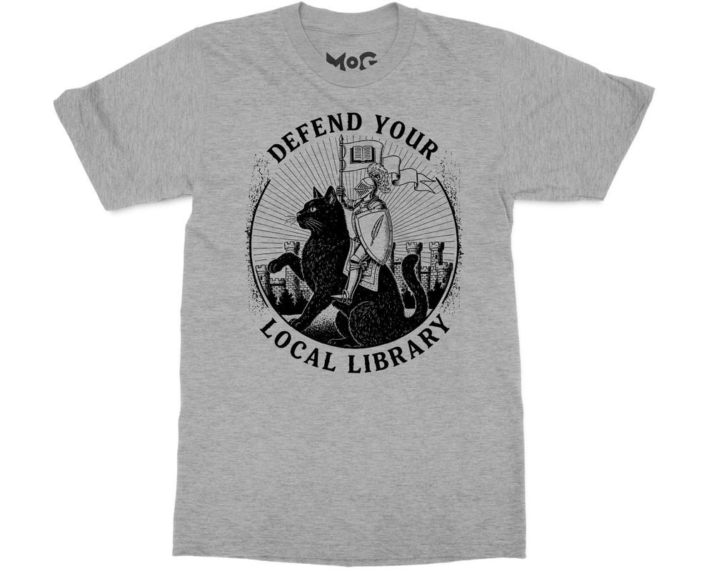 Funny Book Lover TShirt Defend Your Local Library Knight Cat Bookish Gift Shirt