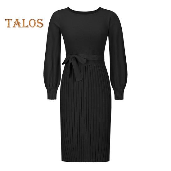 Осеннее женское платье, трикотажное, с круглым вырезом, длинными рукавами, облегающее, со шнуровкой, с узкой талией, длиной до середины икры, эластичное, однотонное, миди-платье-свитер