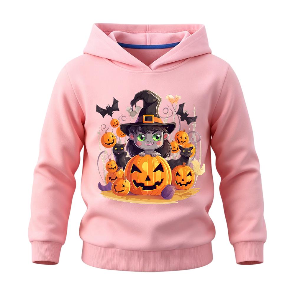Halloween cartoon kids hooded sweatshirt, charming witch with pumpkins and bats illustration, soft texture, ideal for Halloween gifts and daily wear.
