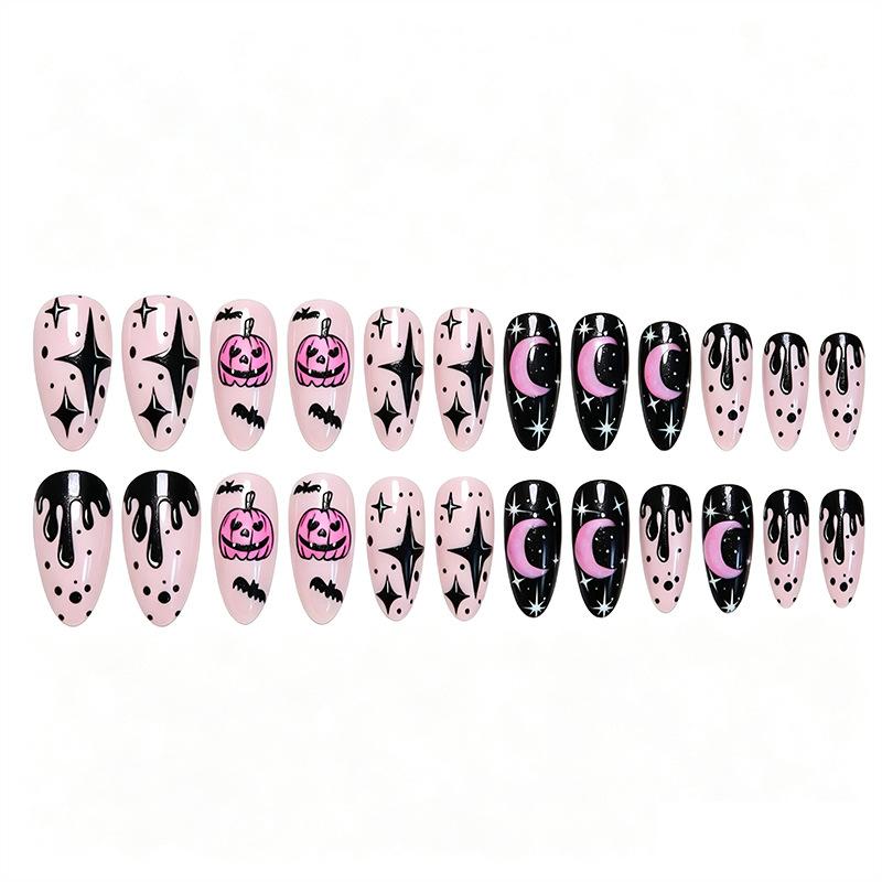 Halloween Pink Pumpkin Wear Nails Moon Starry Sky Glitter False Nails Nail Art Nails