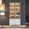 Glasvitrine LED-Lichtern, Weiß 2 Türen & 2 Schublade, Modern Bücherschrank verstellbaren Einlegeböden, Metallbeine, Wohnzimmer Büro Esszimmer