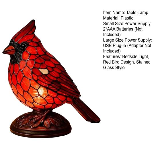 Yousheng Red Bird Table Lamp Stained Glass Style Bedside Bird Lamp Handcrafted Red Bird Night Light for Home Decor Bedroom Desk Christmas Gift