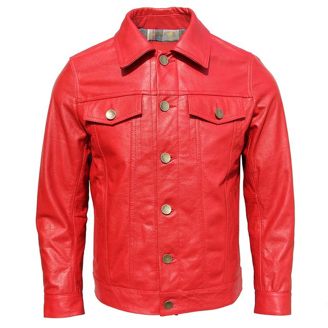 Spring Denim Genuine Leather Jacket Classic Slim Cowhide Button Coat Plus Size Mens Fashion Leather Clothing