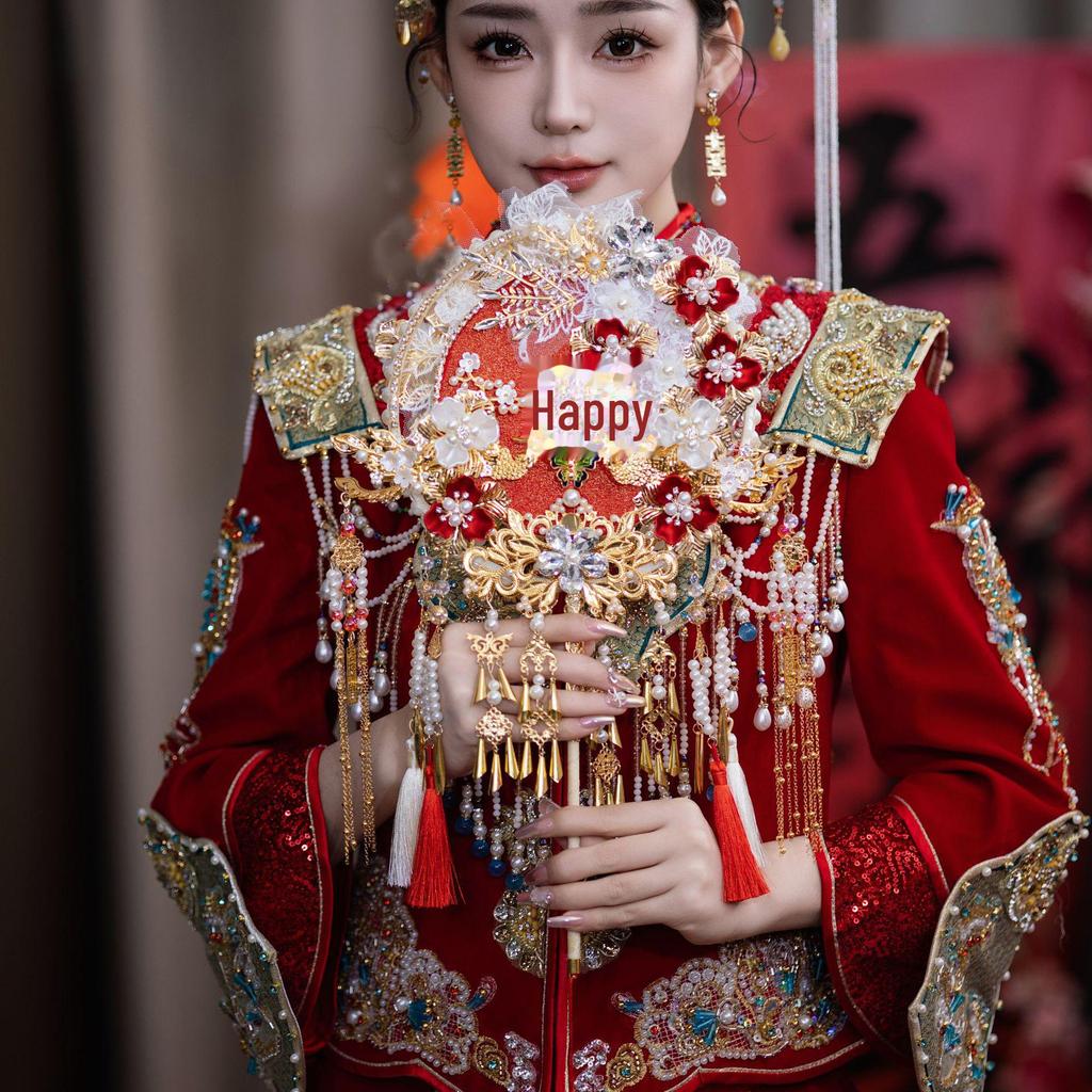 Красный кружевной свадебный круглый веер для одежды Xiuhe с двухсторонней маской своими руками - китайский стиль (9255)