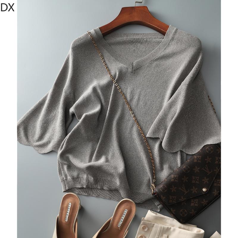 DX-Micro расклешенный топ с лепестковыми рукавами и v-образным вырезом, женская летняя вязаная футболка, свободный свитер из ледяного шелка с короткими рукавами, тонкая женская рубашка в иностранном стиле