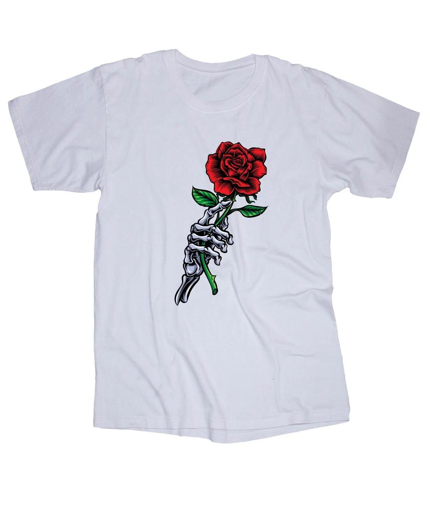 Skeleton hand with red rose flower love graphic white T-shirt