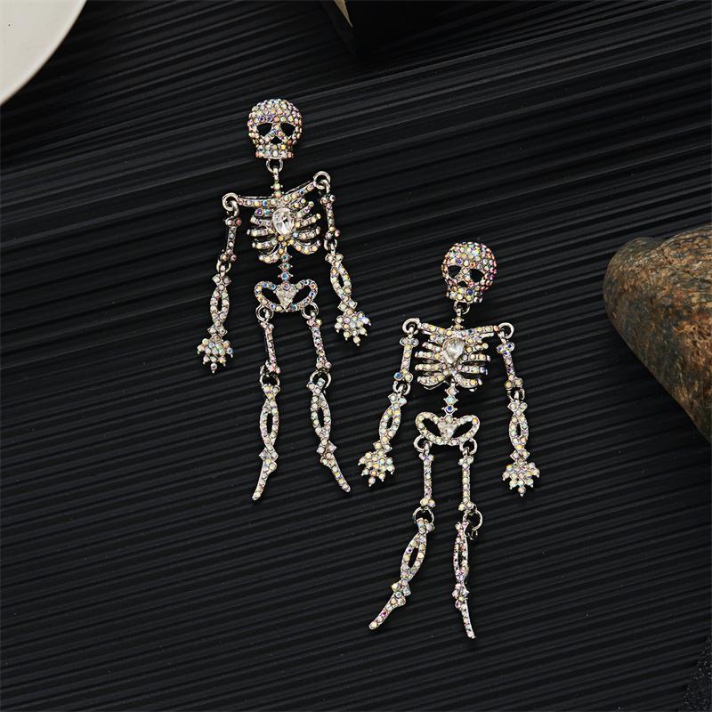 Exaggerated Full Rhinestone Skeleton Drop Earrings for Women Girls Exquisite Big Skull Pendant Earring Halloween Party Jewelry