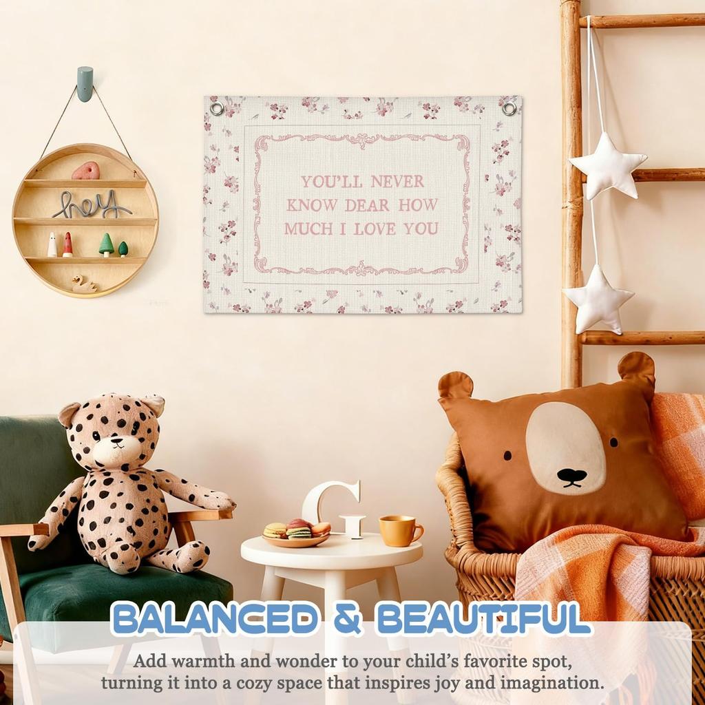 DDYGZYW Boho Floral Nursery Wall Art,Girls Room Decor,Wildflower Nursery Decor Linen Banner Print,You'll Never Know Dear How Much I Love You Wall