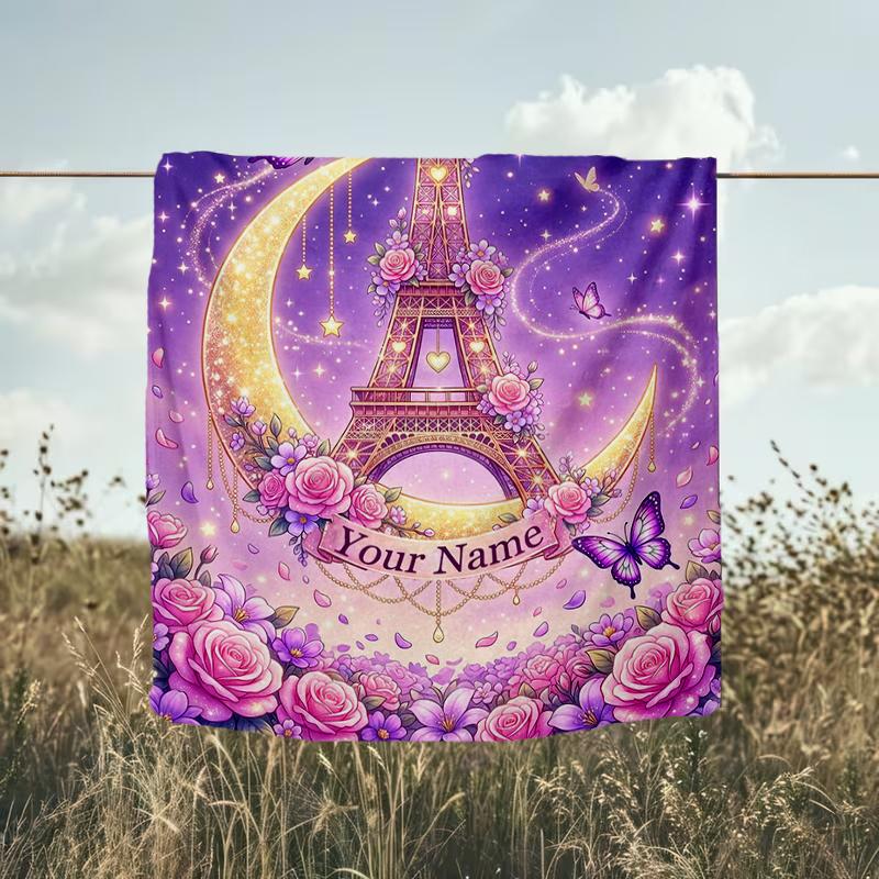 1PC Custom Name Eiffel Tower Moon Night flannel blanket versatile,all-season throw suitable for the living room,bedroom,camping,travel,and gift
