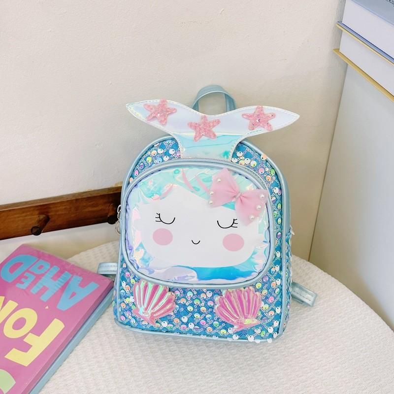 Children Backpack Girls With Shiny Shell Mermaid Tail For Kindergarten Use