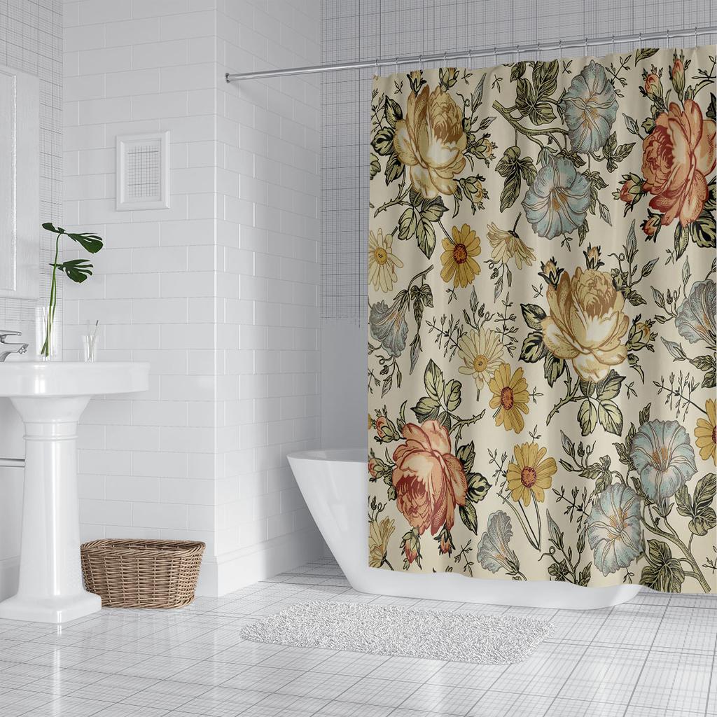 1PC Retro Flowers Pattern Printed Shower Curtain, Waterproof and Washable, with 12 Hooks, Suitable for Bathroom Showers, Bathtu