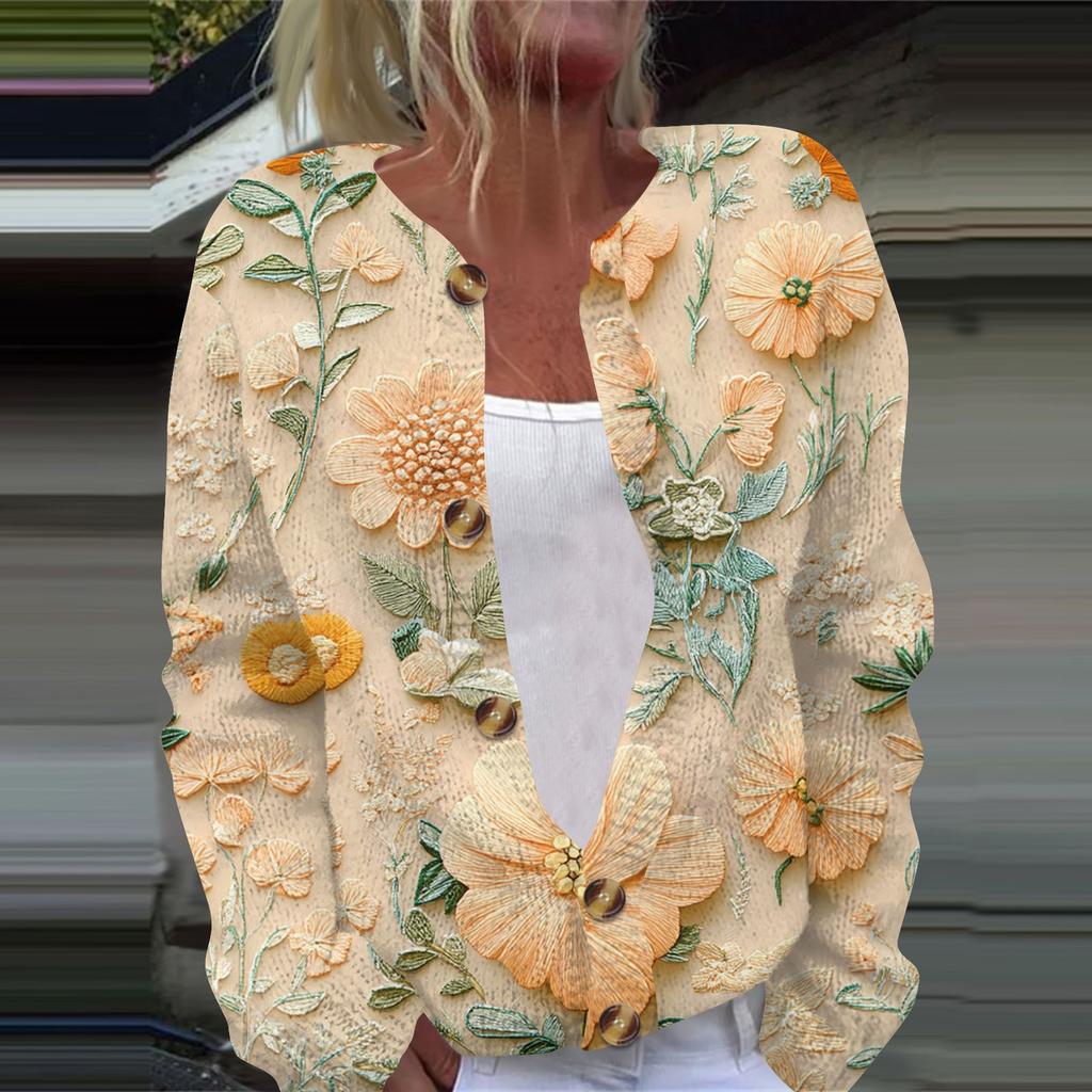 Женская повседневная мода ретро цветочный принт длинный рукав кардиган куртка на пуговицах